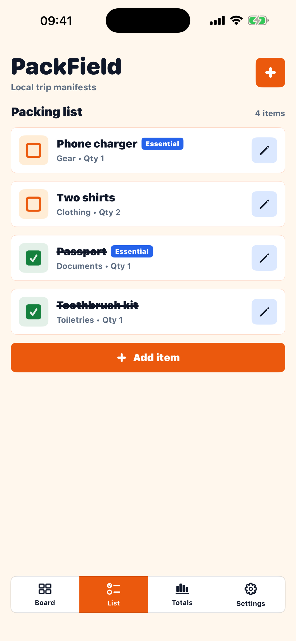 PackField packing list screen
