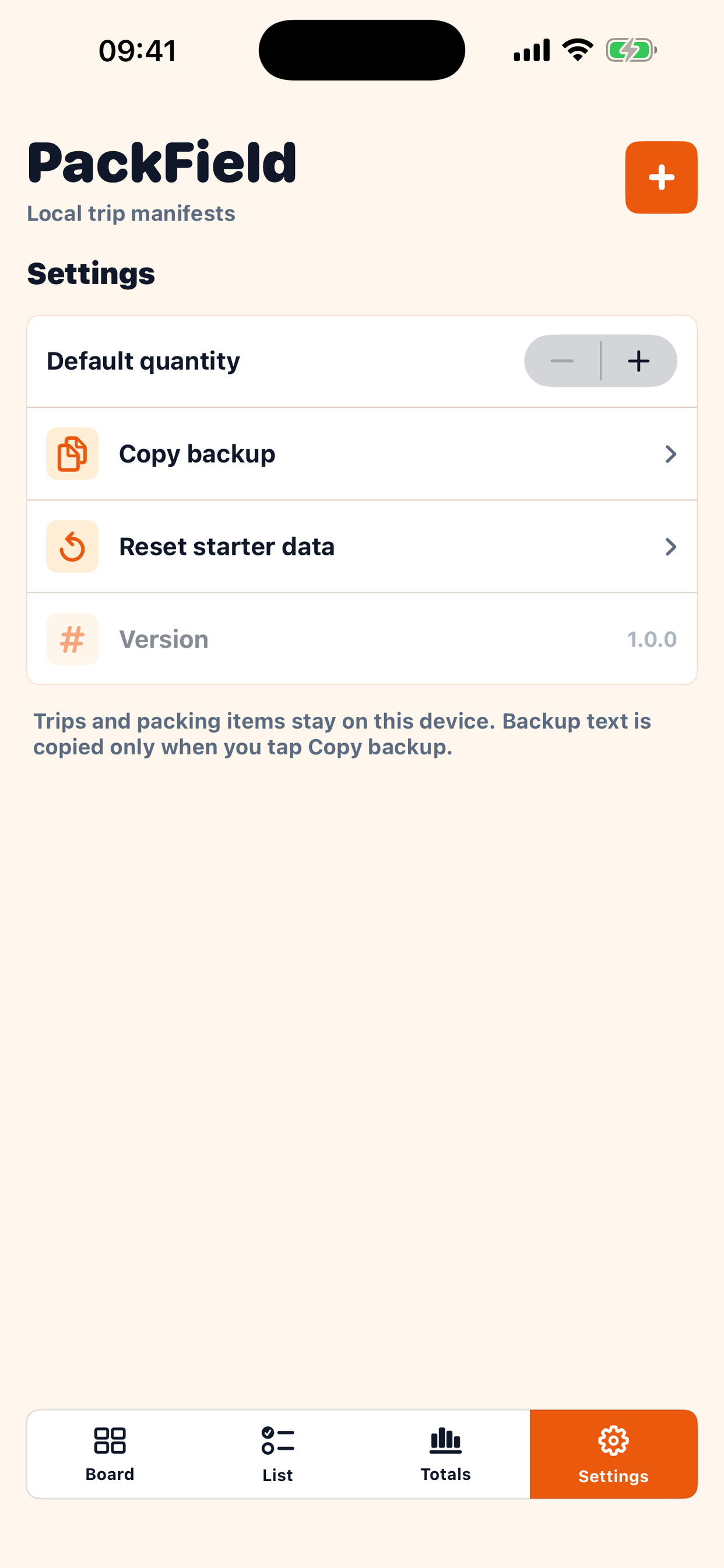 PackField settings screen